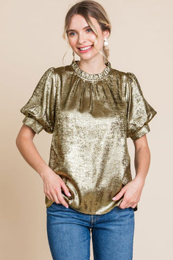 METALLIC BUBBLE SLEEVE TOP--GOLD