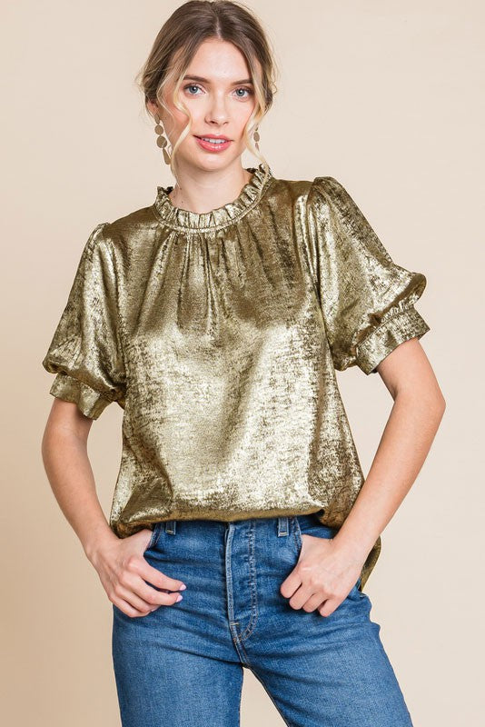 METALLIC BUBBLE SLEEVE TOP--GOLD