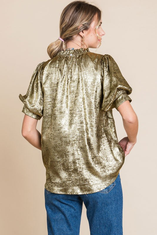 METALLIC BUBBLE SLEEVE TOP--GOLD