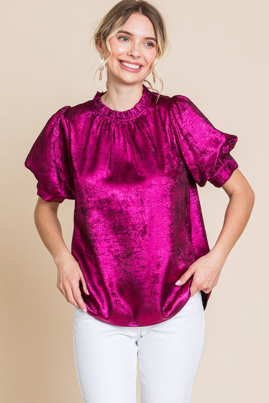 METALLIC BUBBLE SLEEVE TOP--PINK