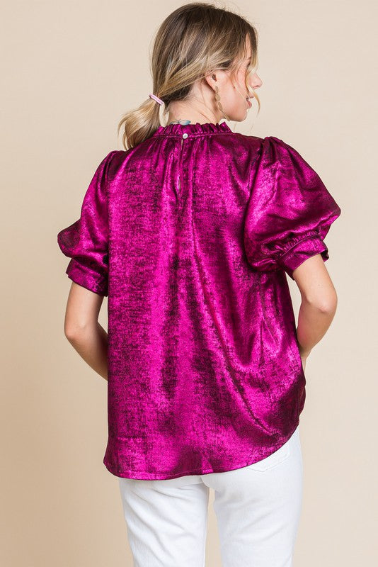 METALLIC BUBBLE SLEEVE TOP--PINK