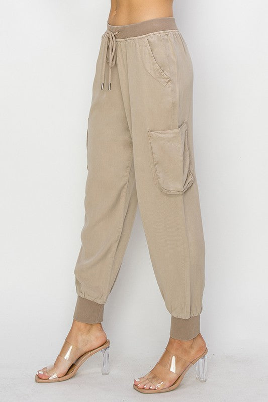 HIGH RISE CARGO TENCEL JOGGERS--TAUPE