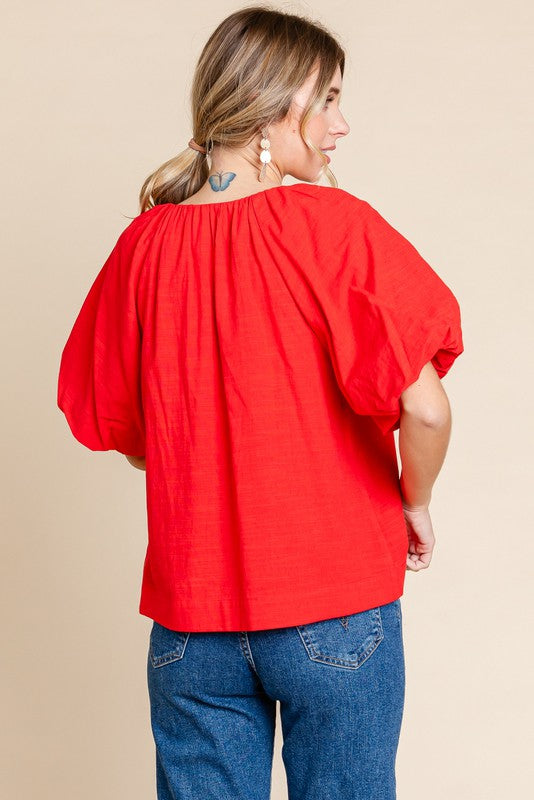 BUTTON DOWN SHORT SLEEVE TOP--RED