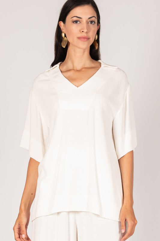 LINEN BLEND COLLARED TOP--WHITE
