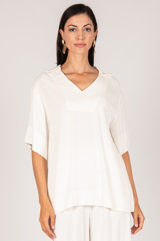 LINEN BLEND COLLARED TOP--WHITE