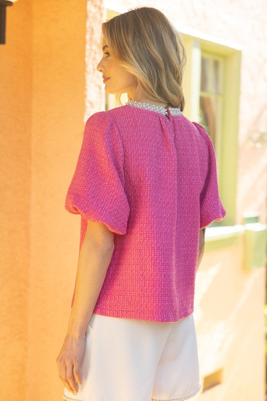 PEARL TRIM BUBBLE SLEEVE TWEED TOP--PINK
