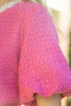 PEARL TRIM BUBBLE SLEEVE TWEED TOP--PINK