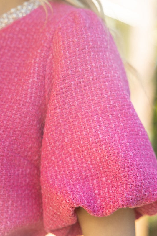 PEARL TRIM BUBBLE SLEEVE TWEED TOP--PINK