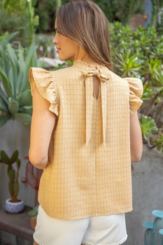 RUFFLE SLEEVE TIE BACK TEXTURED TOP--MUSTARD