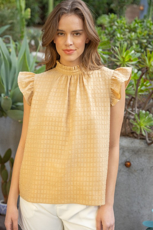 RUFFLE SLEEVE TIE BACK TEXTURED TOP--MUSTARD