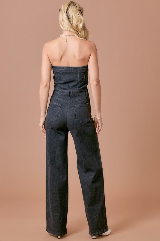 DENIM STRETCH JUMPSUIT--CHARCOAL