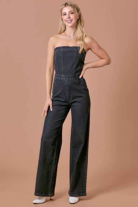 DENIM STRETCH JUMPSUIT--CHARCOAL