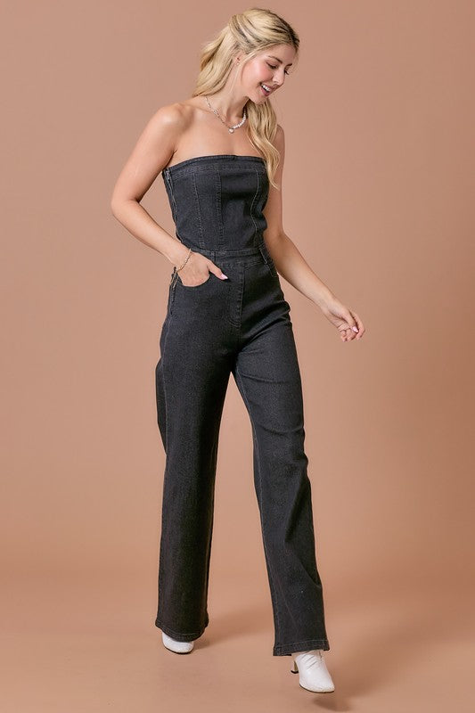 DENIM STRETCH JUMPSUIT--CHARCOAL