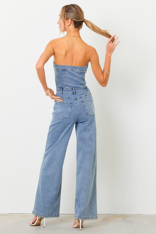 DENIM STRETCH JUMPSUIT--LIGHT WASH