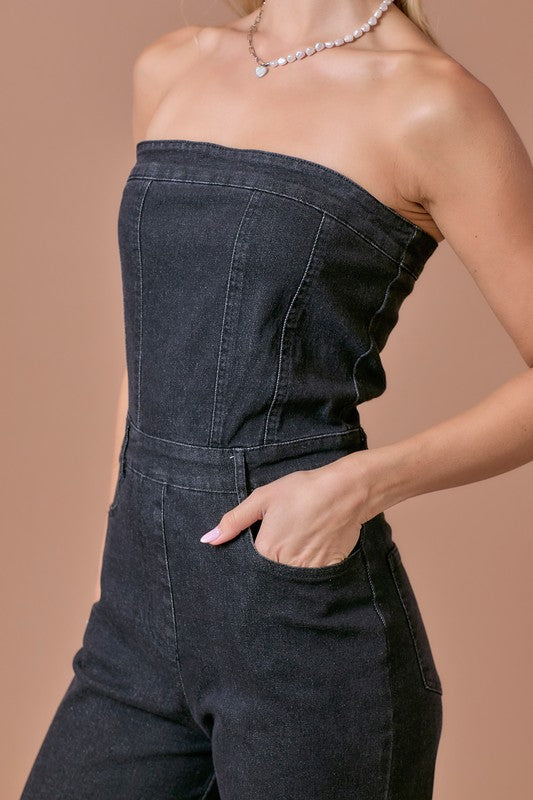 DENIM STRETCH JUMPSUIT--CHARCOAL