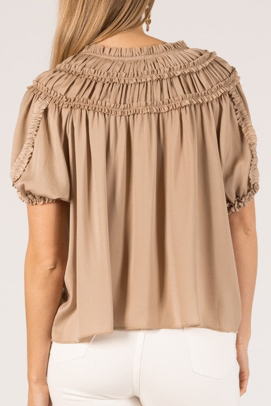 SATIN RUFFLE TRIM TOP--TAUPE