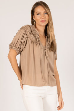 SATIN RUFFLE TRIM TOP--TAUPE