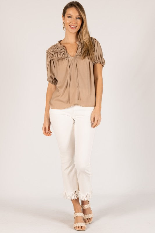 SATIN RUFFLE TRIM TOP--TAUPE