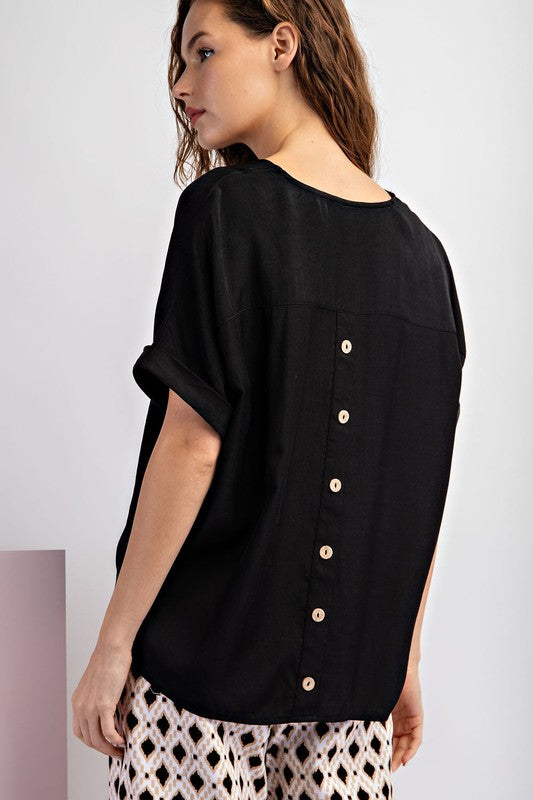 FAUX BACK BUTTON TOP--BLACK