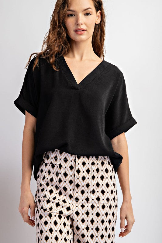 FAUX BACK BUTTON TOP--BLACK