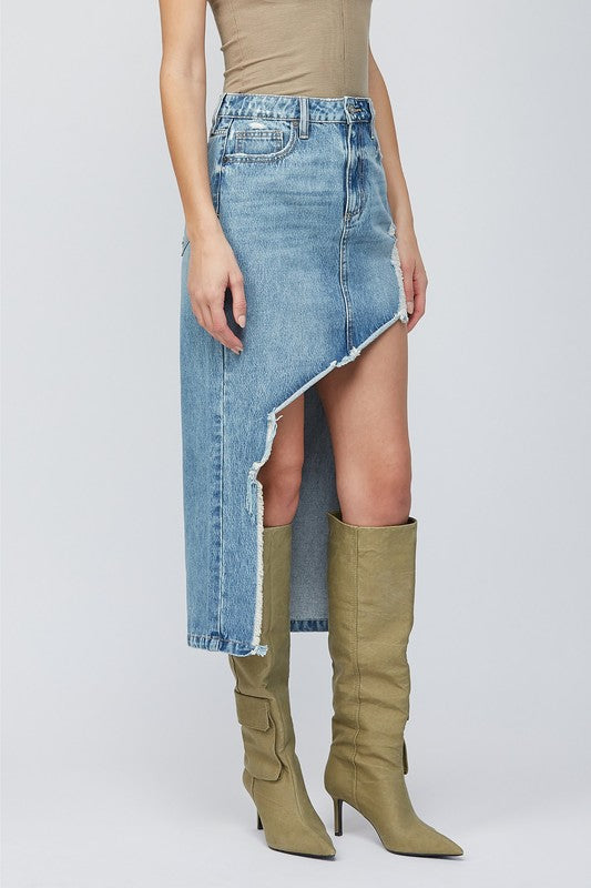 HIDDEN HEAVY DISTRESSED HIGH LOW DENIM SKIRT