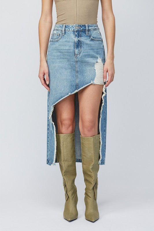 HIDDEN HEAVY DISTRESSED HIGH LOW DENIM SKIRT