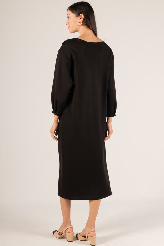 SCUBA MODAL 3/4 SLEEVE MIDI DRESS--BLACK