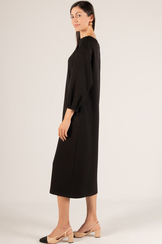 SCUBA MODAL 3/4 SLEEVE MIDI DRESS--BLACK