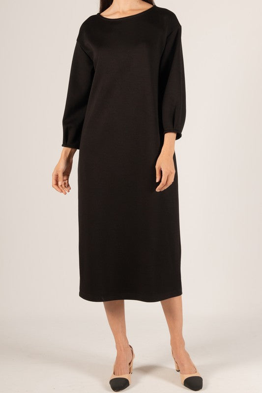 SCUBA MODAL 3/4 SLEEVE MIDI DRESS--BLACK