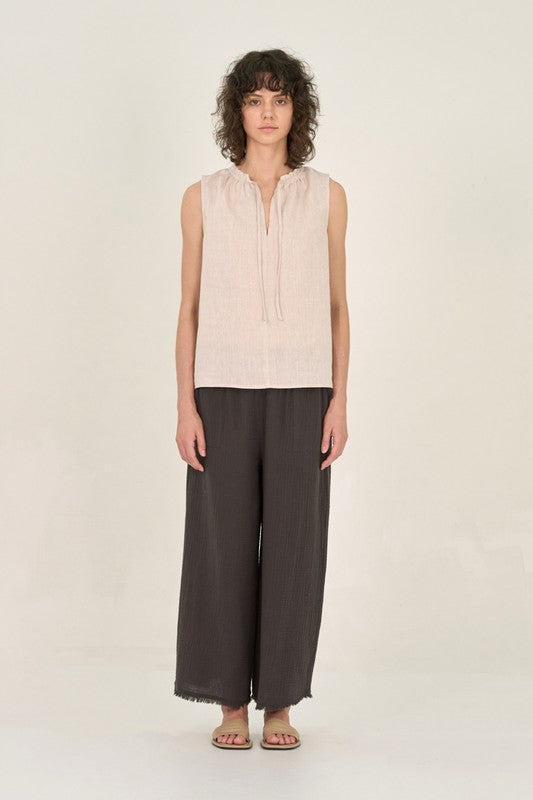 SLEEVELESS LINEN TOP--KHAKI
