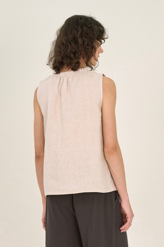SLEEVELESS LINEN TOP--KHAKI