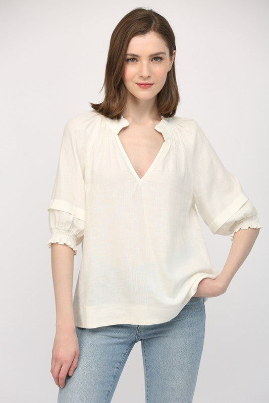 RUFFLE NECK HALF PEASANT SLEEVE TOP