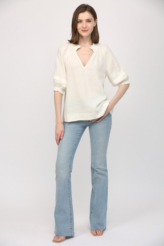 RUFFLE NECK HALF PEASANT SLEEVE TOP