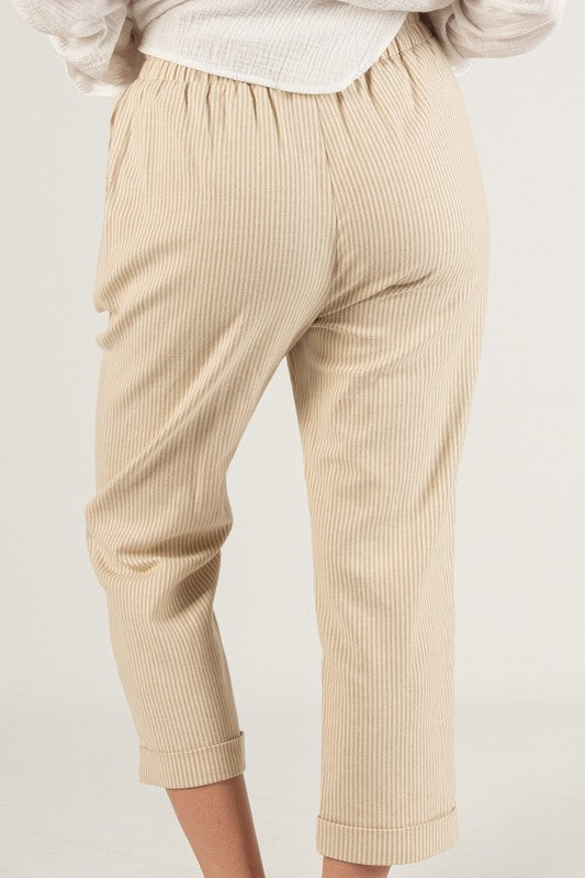 LINEN BLEND PINSTRIPE CROPPED PANT--TAUPE