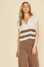 STRIPED SLEEVELESS SWEATER--BROWN