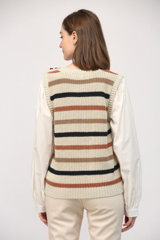 ATTACHED POPLIN STRIPE SWEATER VEST/TOP--TAUPE/WHITE