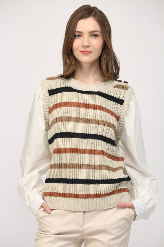 ATTACHED POPLIN STRIPE SWEATER VEST/TOP--TAUPE/WHITE