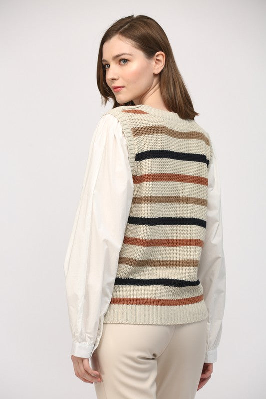 ATTACHED POPLIN STRIPE SWEATER VEST/TOP--TAUPE/WHITE