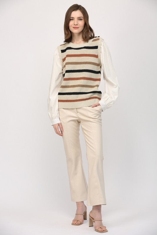ATTACHED POPLIN STRIPE SWEATER VEST/TOP--TAUPE/WHITE