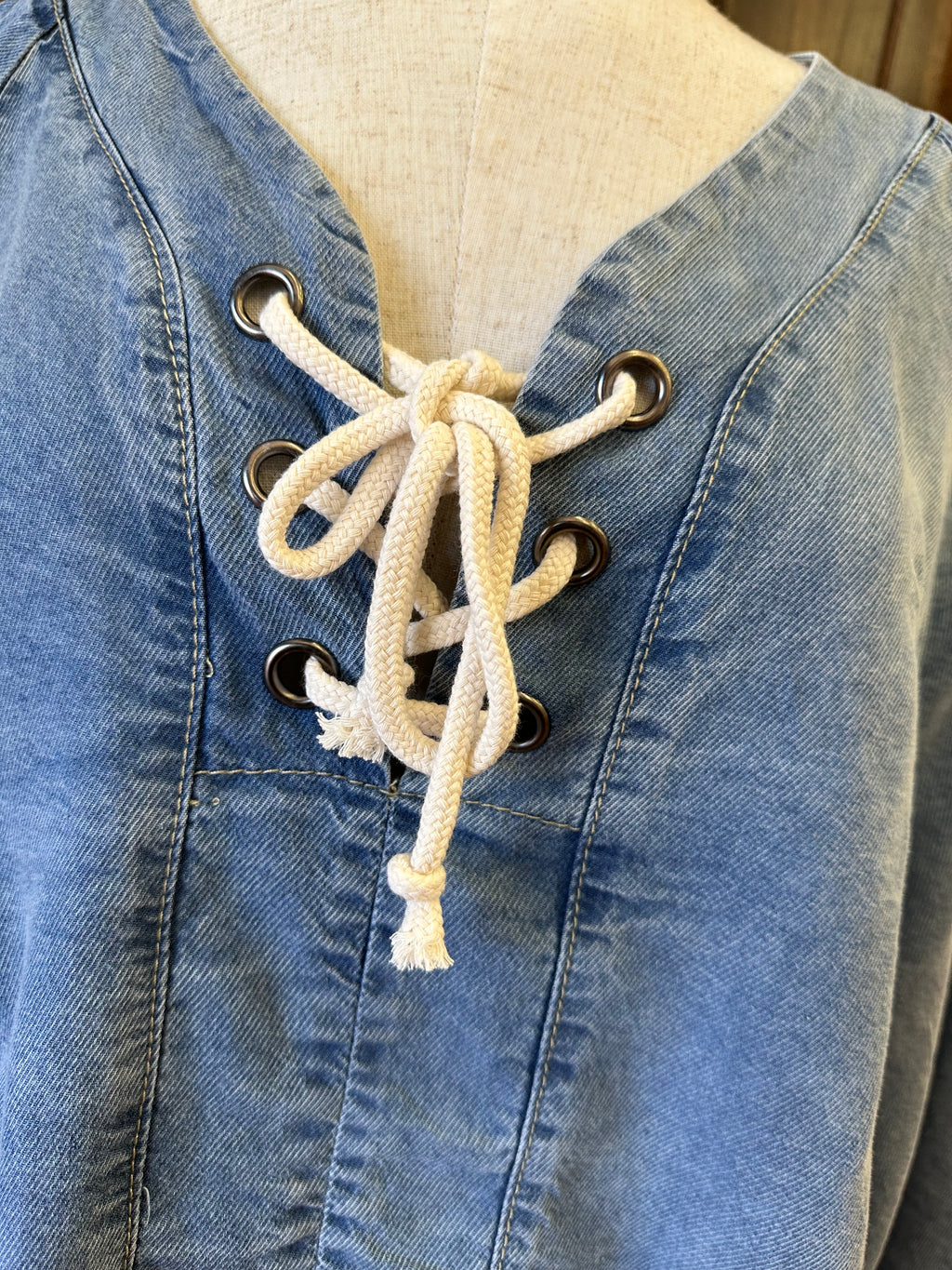 WASHED TENCEL DENIM LACE UP TOP
