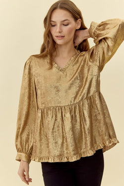 SHINE ON METALLIC BABY DOLL TOP--GOLD