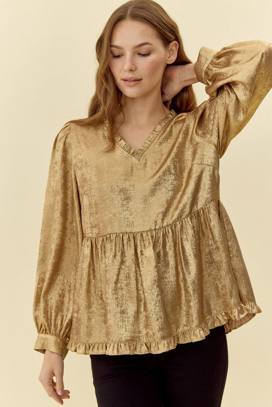 SHINE ON METALLIC BABY DOLL TOP--GOLD