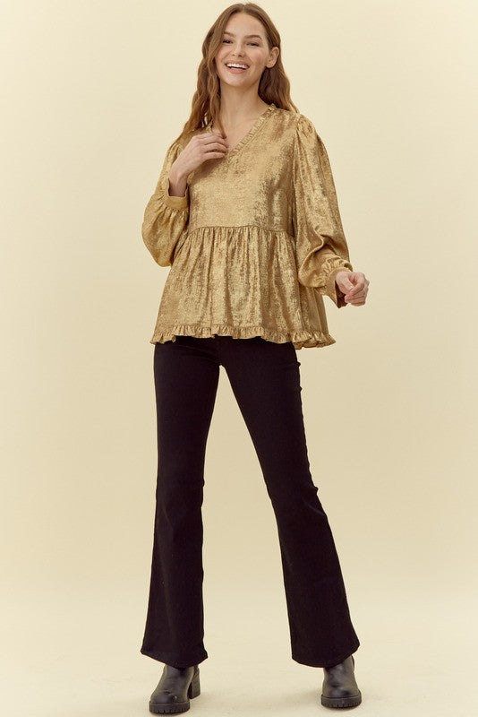 SHINE ON METALLIC BABY DOLL TOP--GOLD