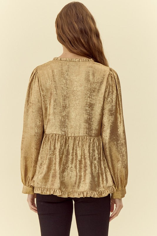 SHINE ON METALLIC BABY DOLL TOP--GOLD