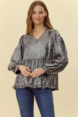 SHINE ON METALLIC BABY DOLL TOP--BLACK/CHARCOAL