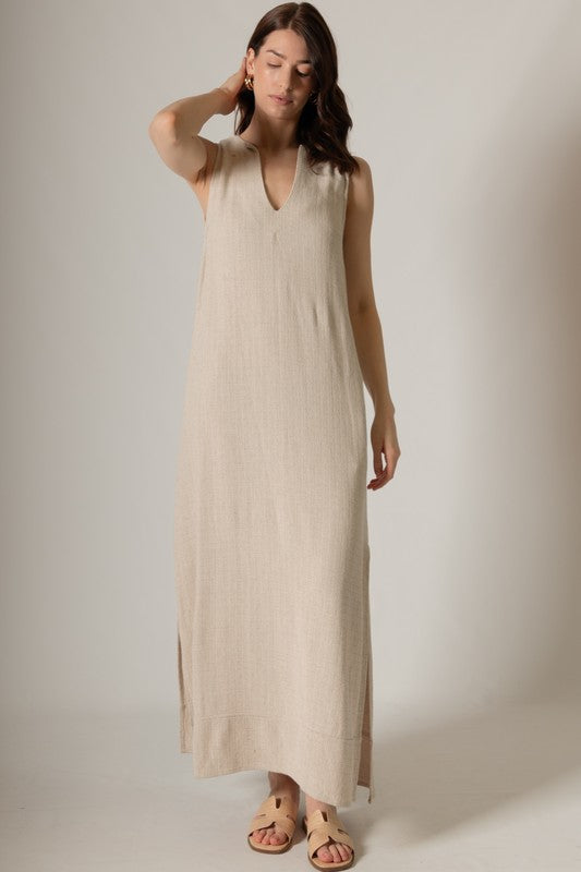 LINEN BLEND SLEEVELESS MAXI DRESS--SAND