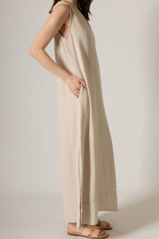 LINEN BLEND SLEEVELESS MAXI DRESS--SAND