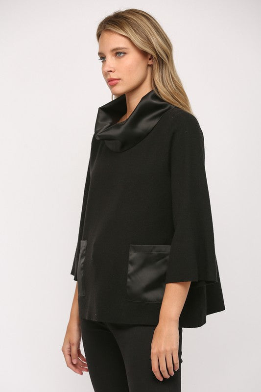 SATIN COWL NECK BELL SLEEVE SWEATER--BLACK