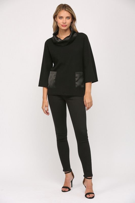 SATIN COWL NECK BELL SLEEVE SWEATER--BLACK