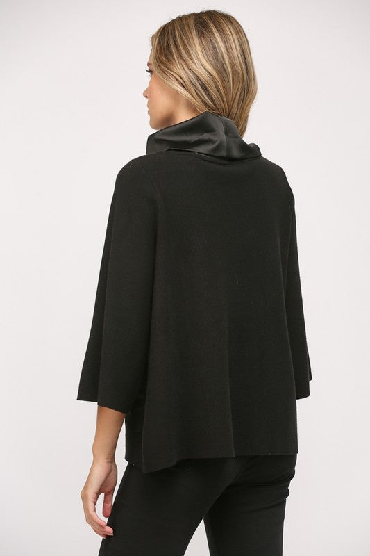 SATIN COWL NECK BELL SLEEVE SWEATER--BLACK